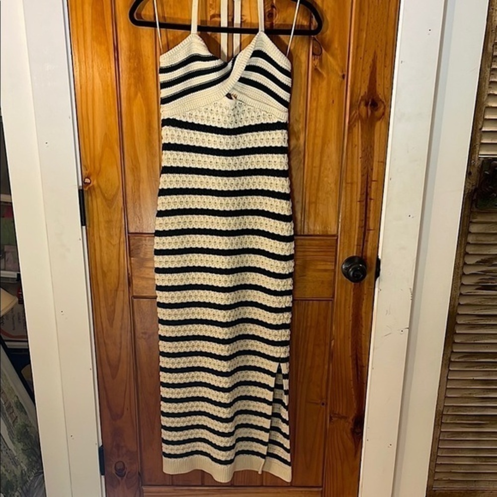 House of Harlow 1960 Tan Beige Black sweater knit crochet Halter Dress Small